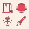 Set Rocket ship with fire, 3D printer, Processor with microcircuits CPU and Robot icon. Vector