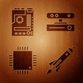 Set Rocket ship with fire, Motherboard, Processor with microcircuits CPU and Motion sensor on wooden background. Vector Royalty Free Stock Photo