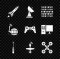 Set Rocket ship with fire, Radar, Binary code, Screwdriver, UAV Drone, flying, Social network and Gamepad icon. Vector