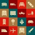 Set Rocket ship with fire, Retro minivan, Delivery cargo truck vehicle, Off road, Double decker bus, and Pickup icon