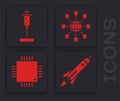 Set Rocket ship with fire, Syringe, Social network and Processor with microcircuits CPU icon. Vector