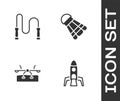 Set Rocket ship, Jump rope, Seesaw and Badminton shuttlecock icon. Vector Royalty Free Stock Photo