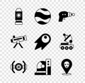 Set Rocket ship, Planet, Ray gun, Cosmic, Astronaut helmet, Alien, Telescope and Comet falling down fast icon. Vector