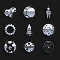 Set Rocket ship, Planet Saturn, Black hole, Venus, Earth globe, Sun, Astronaut and Asteroid icon. Vector Royalty Free Stock Photo