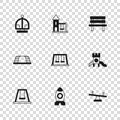 Set Rocket ship toy, Slide playground, Seesaw, Swings for kids, Bench, Attraction carousel, and Monkey bar icon. Vector Royalty Free Stock Photo