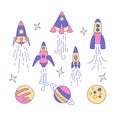 Set of rockets, planets and stars icons in outline style