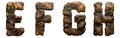 Set of rocky letters E, F, G, H. Font of stone on white background. 3d