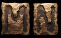 Set of rocky letters M, N. Font of stone on black background. 3d