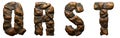 Set of rocky letters Q, R, S, T. Font of stone on white background. 3d