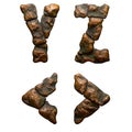 Set of rocky letters Y, Z and symbols left and right angle bracket. Font of stone on white background. 3d