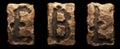 Set of rocky symbols lira, baht, litecoin. Font of stone on black background. 3d