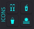 Set Roller coaster, Bowling pin, Paper glass with water and Ice cream waffle icon. Black square button. Vector