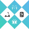 Set Roller scooter, Butterfly, Jump rope and Tetris electronic game icon. Vector