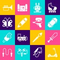 Set Roller scooter, Sword toy, Skateboard, Robot, Pencil with eraser, Butterfly, Trumpet and Water gun icon. Vector