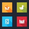 Set Roller skate, Rubber duck, Tetris electronic game and Pirate treasure map icon. Vector Royalty Free Stock Photo