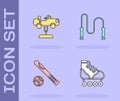 Set Roller skate, Swing car, Baseball bat with ball and Jump rope icon. Vector