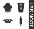 Set Rolling pin, Chef hat, Kitchen colander and Measuring cup icon. Vector