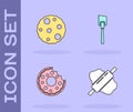 Set Rolling pin on dough, Cookie or biscuit, Donut and Spatula icon. Vector