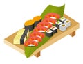 The set of rolls, sushi, salmon with rice, salmon caviar on a wooden stand.