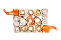 Set rolls and sushi, sushi bass spicy sauce, the sauce spicy eel sushi, salmon Royalty Free Stock Photo