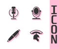 Set Roman army helmet, Microphone, Pen and Round makeup mirror icon. Vector