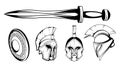 Set of roman or spartan warrior head, spartan helmet for head with roman armor and sword, spartan warrior in black and white