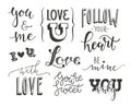 Set of romantic calligraphic headlines for Valentines Day design.