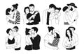 Set of romantic couples isolated on white background. Bundle of portraits trendy guys and girls in love hugging