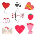 Set of romantic day symbol. Valentine`s day with cupid bow and arrow, ring, rose flower, love letter, and red heart balloon. Flat Royalty Free Stock Photo
