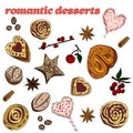 Set of romantic desserts: cookies, buns, candies, flowers of star anise