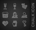 Set Romantic girl, Dating app online mobile, Key heart shape, Heart, Calendar with February 14, and Glass of champagne