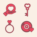 Set Romantic music, Heart on hand, Key in heart shape and Wedding rings icon. Vector Royalty Free Stock Photo