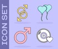 Set Romantic music, Male gender symbol, Male gender symbol and Balloons in form of heart icon. Vector Royalty Free Stock Photo