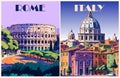 Set of Rome Italy Travel Posters in retro style. Royalty Free Stock Photo