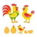 Set of rooster, hen, chick, egg and broken egg.