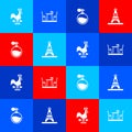 Set Rooster weather vane, French cafe, Perfume and Eiffel tower icon. Vector