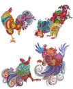 Set roosters with flowery patterns