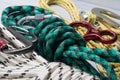 Set of ropes of different colors and sizes for a rock climber, close-up