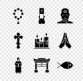 Set Rosary beads religion, Priest, Man with third eye, Monk, Japan Gate, Christian fish, cross and Burning candles icon Royalty Free Stock Photo