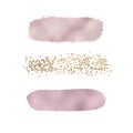 Set rose gold foil textures and gold confetti brush paint stroke. Smudge glitter pink, sparkle glossy paint on the white backgroun Royalty Free Stock Photo