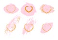 Set of rose gold grunge hearts. Hand drawn hearts frame with pastel pink brush strokes on a white background.