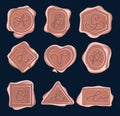 Set of rose gold wax seal stamps set with hand lettered signs. Vector vintage wax stamps isolated on navy blue background