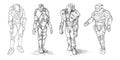 Set of Rough Ink Drawings of Various Characters in Sci-fi Suit