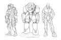 Set of Rough Pencil Drawings of Various Characters in Sci-fi Suit