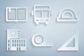 Set Roulette construction, Protractor grid, Mall supermarket building, Triangular ruler, Bus and Open book icon. Vector Royalty Free Stock Photo