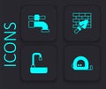 Set Roulette construction, Water tap, Brick wall with trowel and Washbasin icon. Black square button. Vector Royalty Free Stock Photo