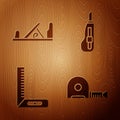 Set Roulette construction, Wood plane tool, Corner ruler and Stationery knife on wooden background. Vector Royalty Free Stock Photo