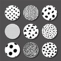 Set of round abstract monochrome backgrounds or patterns. Drawn doodle shapes. Spots, triangles, curves, lines.