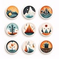 Set of round badges with camping icons. Vector illustration in flat style Royalty Free Stock Photo