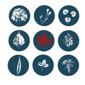 Set of round blue icons with different autumn leaves, white light leaf stamps with one red accent